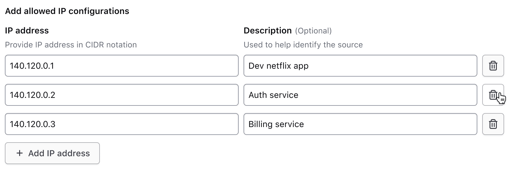 A user's cursor is hovering over the second row's delete button