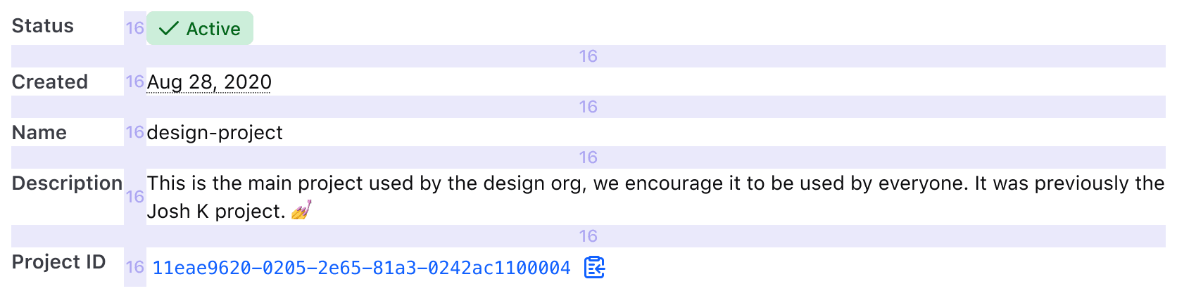 Five rows of information showing a vertical gap between the title and value of 16px and between each row as 16px.